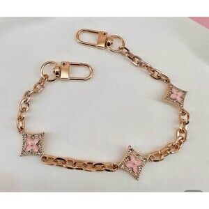Chain Purse Strap Keychain Pink Flower & Rhinestone Charms Double